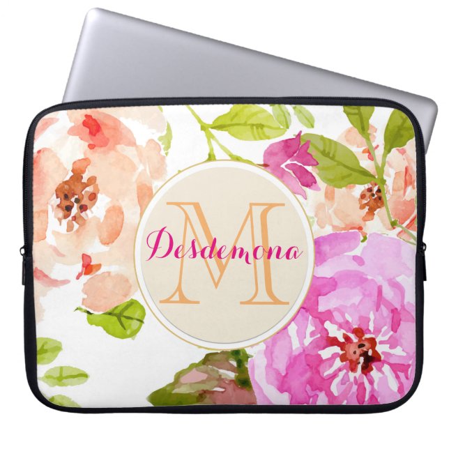 Monogram Pink Watercolor Floral Laptop Sleeve (Front)
