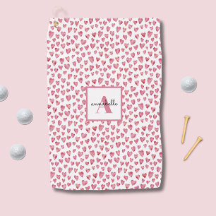 Monogram Pink Watercolor Heart Pattern Golf Towel