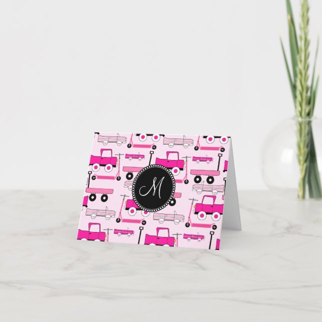 Monogram Pink Wheels Cars Trucks Scooters Wagons Note Card (Front)