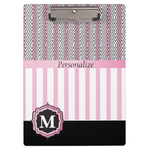 Monogram Pink, White and Black Clipboard
