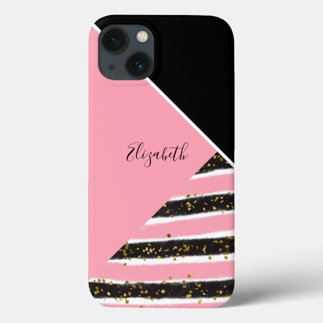 Monogram Pink White Black Gold Glitter Trendy Case-Mate iPhone Case (Back)