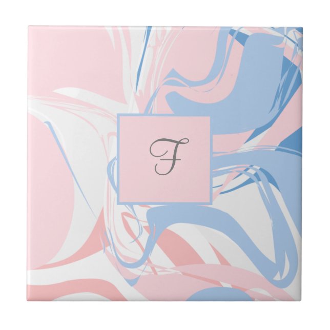 Monogram Pink White Blue Marble Swirl Abstract Tile (Front)