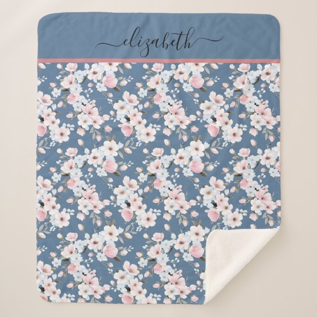 Monogram Pink White Dark Blue Floral Flowers  Sherpa Blanket (Front)