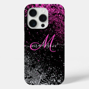 Monogram Pink & White Glitter iPhone 15 Pro Case