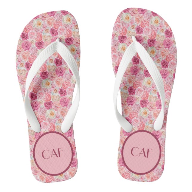 Monogram Pink White Magenta Floral Elegant Boho  Flip Flops (Footbed)