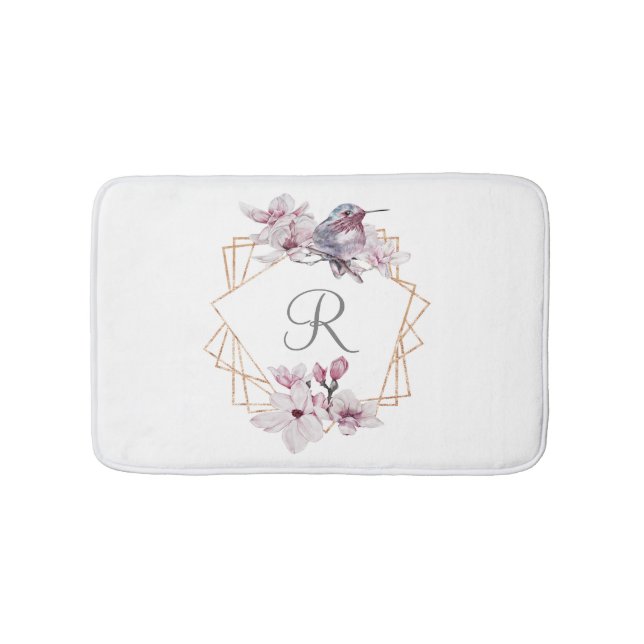 Monogram Pink White Magnolias Bird Gold Frame  Bath Mat (Front)