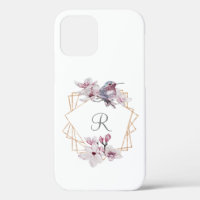 Monogram Pink White Magnolias Bird Gold Frame