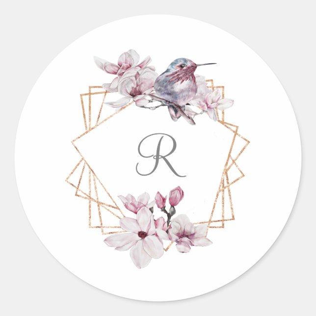 Monogram Pink White Magnolias Bird Gold Frame  Classic Round Sticker (Front)