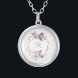 Monogram Pink White Magnolias Bird Gold Frame  Silver Plated Necklace<br><div class="desc">Personalize these elegant pink white and grey gold frame with magnolias necklace with your initial.  Elegant and pretty.</div>