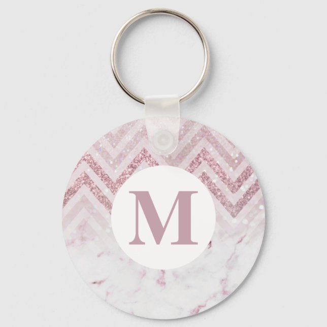 Monogram Pink White Marble Personalize Name Keychain (Front)
