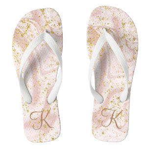 Monogram Pink White Marble Swirl Gold Glitter Fli Flip Flops