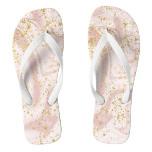 Monogram Pink White Marble Swirl Gold Glitter Flip Flops