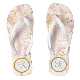  Monogram Pink White Marble Swirl Gold Glitter Flip Flops