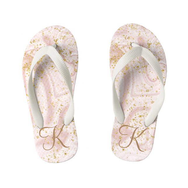  Monogram Pink White Marble Swirl Gold Glitter  Kid's Flip Flops (Footbed)