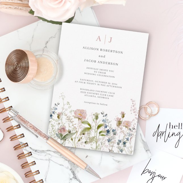 Monogram Pink Wildflower Floral Wedding Invitation (Creator Uploaded)