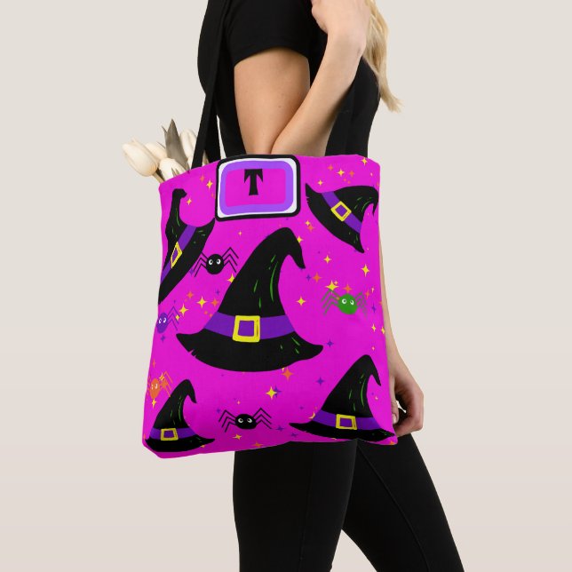 Monogram Pink Witches Halloween Hats Tote Bag (Close Up)
