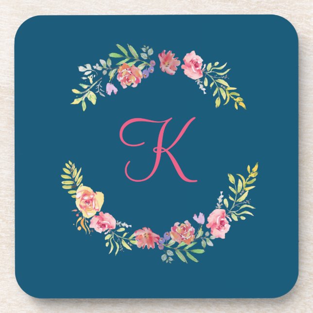 Monogram Pink, Yellow and Green Floral Watercolor Coaster (Front)
