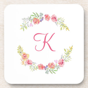 Monogram Pink, Yellow and Green Floral Watercolor Coaster