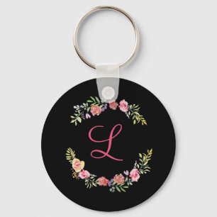 Monogram Pink, Yellow and Green Floral Watercolor  Keychain