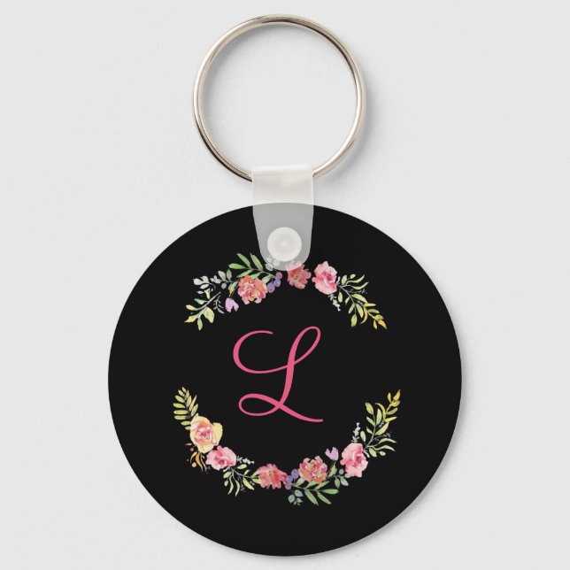 Monogram Pink, Yellow and Green Floral Watercolor  Keychain (Front)