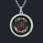 Monogram Pink, Yellow and Green Floral Watercolor Silver Plated Necklace<br><div class="desc">This beautiful floral wreath with pinks,  yellows and greens on a black background will make a great gift for that special some one or for yourself. Monogram it with an initial and if you would like to change the background colour,  click to customize it further.</div>