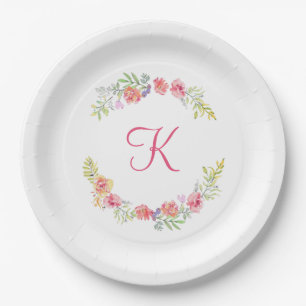 Monogram Pink Yellow Green Floral Watercolor Paper Plate