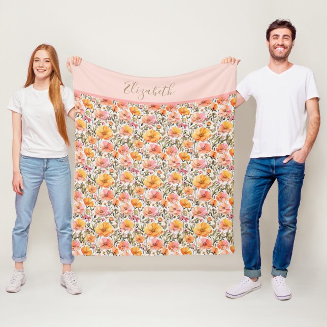 Monogram Pink Yellow Orange Wildflowers Gift Fleece Blanket (In Situ)