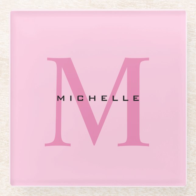Monogram Pink Your Name Special Gift Beloved Ones Glass Coaster (Front)
