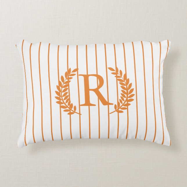 Monogram Pinstripes with Laurel Wreath | orange Decorative Pillow (Front)