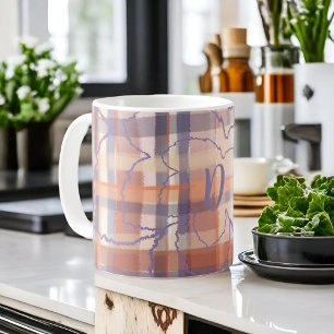 Monogram plaid autumn leaves beige orange purple coffee mug