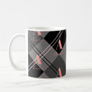 Monogram Plaid Grey Black Pink Coffee Mug