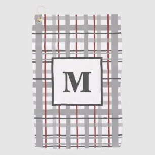 Monogram Plaid Grey Silver Red Gift For Him Golf Towel
