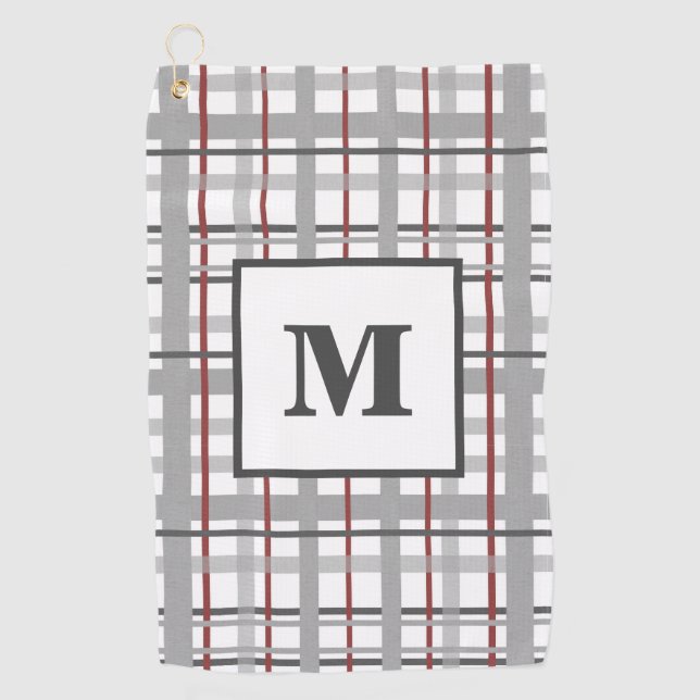 Monogram Plaid Grey Silver Red Gift For Him Golf Towel (Front)