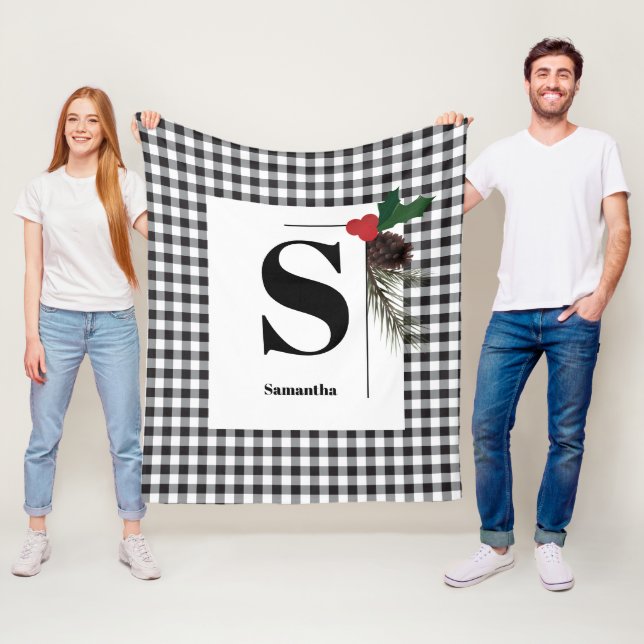 Monogram Plaid Holiday Christmas Fleece Blanket (In Situ)