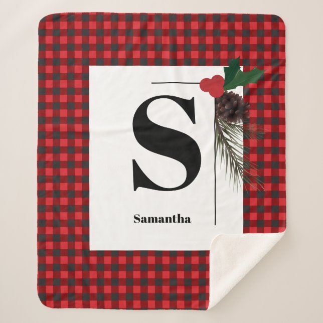 Monogram Plaid Holiday Christmas Sherpa Blanket (Front)