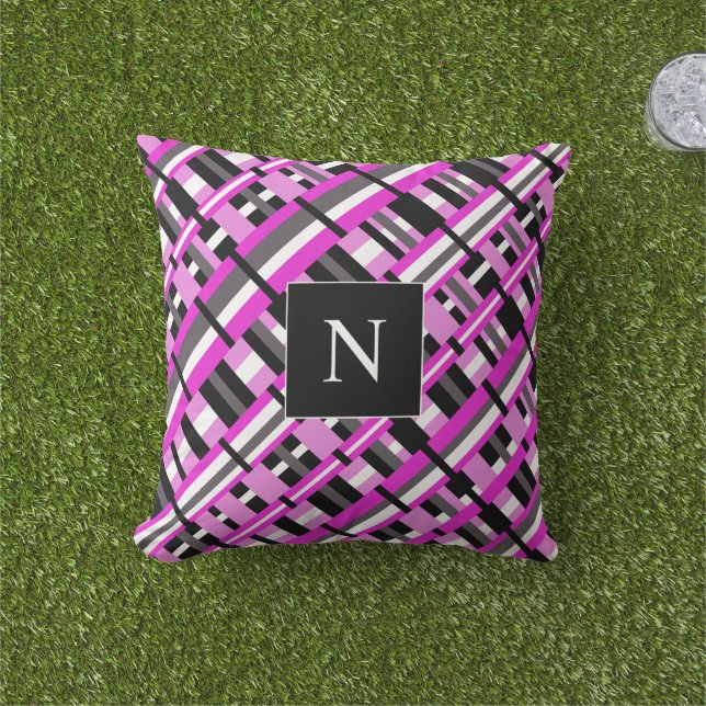 Monogram Plaid in Pink, Black & Grey Diagonal Outdoor Pillow (Grass)