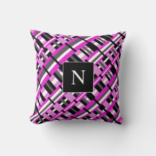Monogram Plaid in Pink, Black & Grey Diagonal Throw Pillow