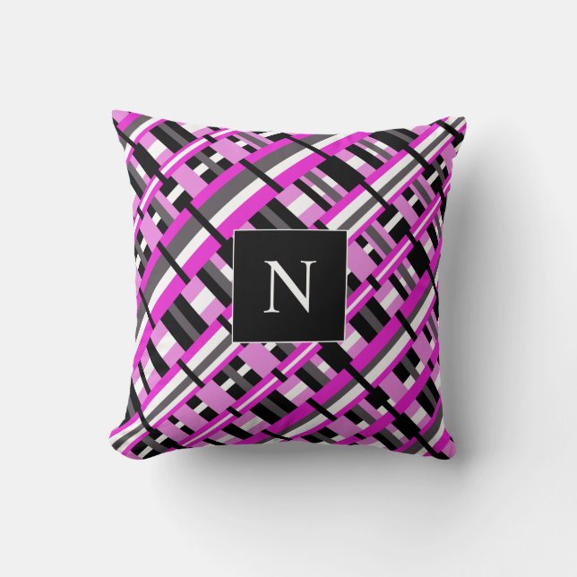 Monogram Plaid in Pink, Black & Grey Diagonal Throw Pillow (Front)
