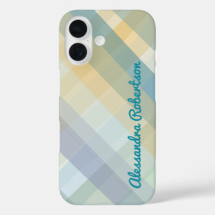 Monogram Plaid Pastel Blue Teal Yellow Green Mauve iPhone 16 Case