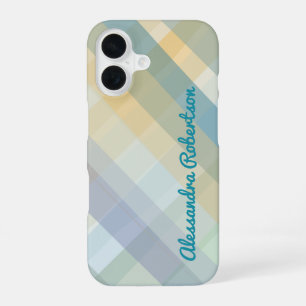 Monogram Plaid Pastel Blue Teal Yellow Green Mauve iPhone 16 Case