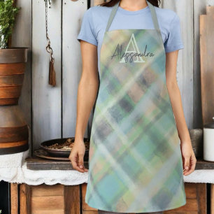 Monogram plaid pastel green grey cyan yellow  apron