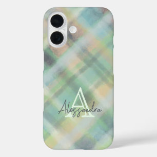 Monogram plaid pastel green grey yellow teal iPhone 16 case