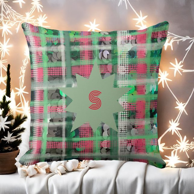 Monogram plaid red green grey white festive star  throw pillow (Creator Uploaded)