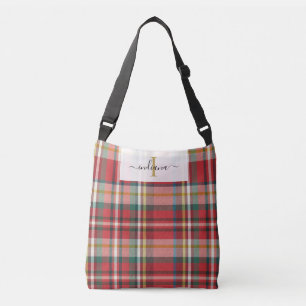 Monogram Plaid Red Green Script Rustic Crossbody Bag
