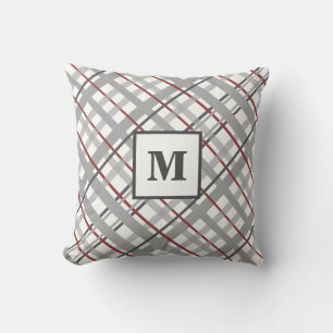 Monogram Plaid Red Grey Silver Throw Pillow