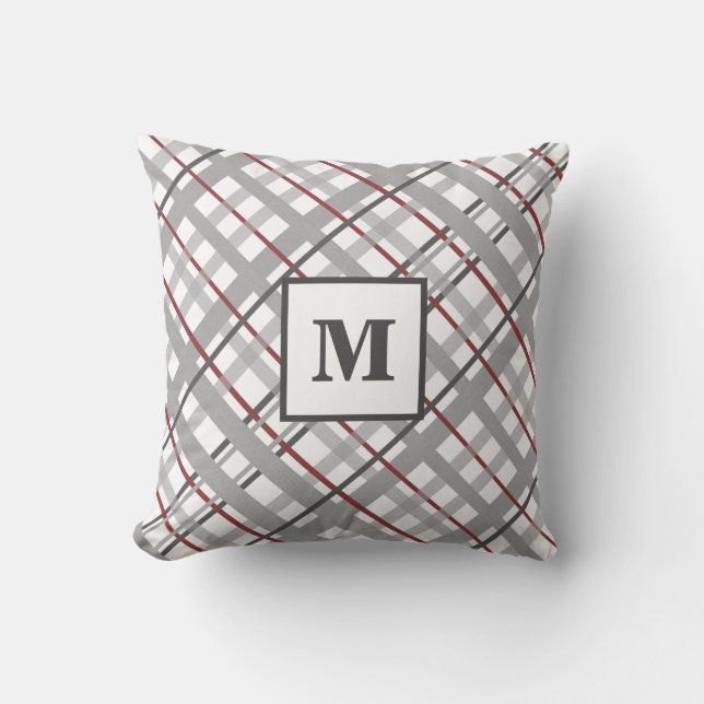 Monogram Plaid Red Grey Silver Throw Pillow (Front)