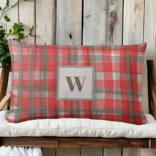 Monogram plaid tartan check red grey watercolor  lumbar pillow