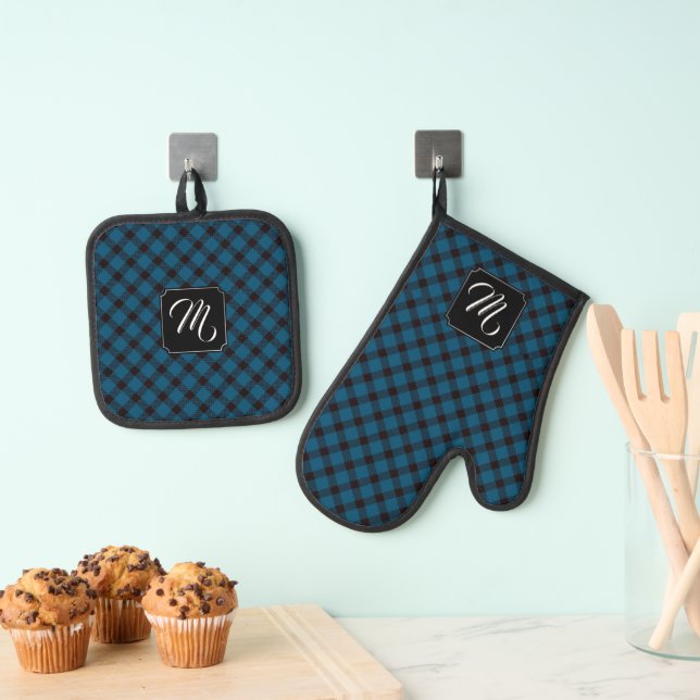 Monogram - Plaid with Changeable Background Colour Oven Mitt & Pot Holder Set (Insitu(Hanging))