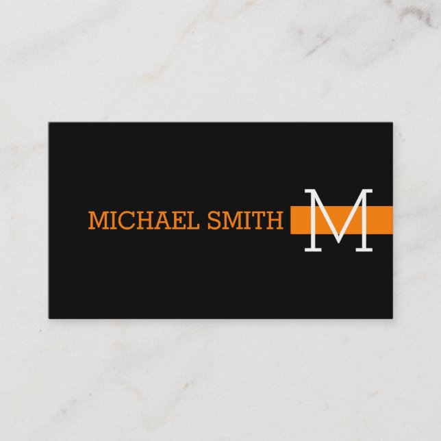 Monogram Plain Black Modern Orange Business Card (Front)