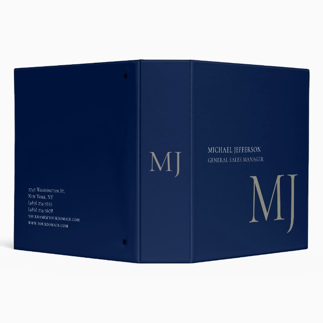 Monogram Plain Dark Blue Trendy Business Binder (Background)